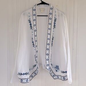 Cynthia Rowley Women's White Gauzey Embroidered Open Front Kimono Cardigan 2X